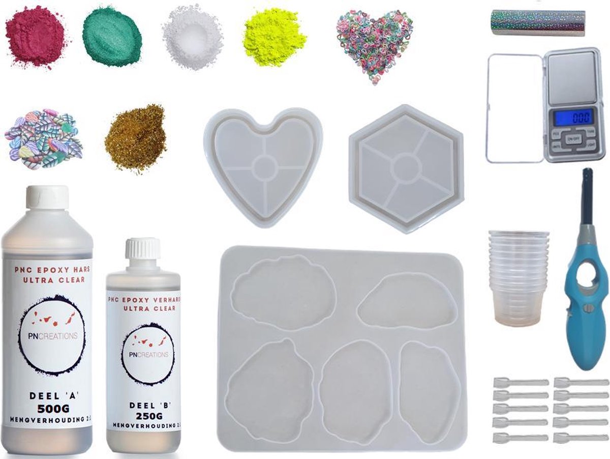 PNCreations Epoxy Hars Ultra Clear Uitebreide Coasterset/Set voor Onderleggers | 750 G | Inclusief Precisie Weegschaal | Coaster Mallen! | 4 Kleurpgimenten/Pigmentpoeder Incl. 1 Fluo!| Handige Aansteker | 10 Mengstaafjes | 10 Mengpotjes